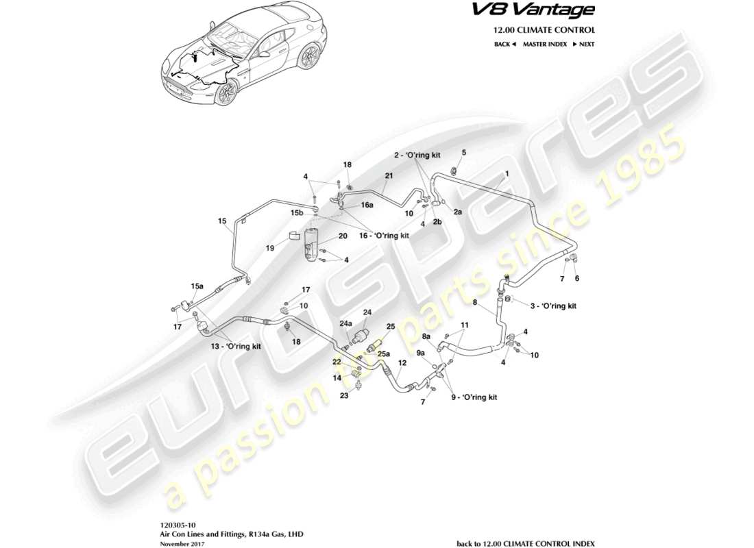 aston martin v8 vantage (2008) conduites de climatisation, r134a gaz, diagramme de pièces lhd