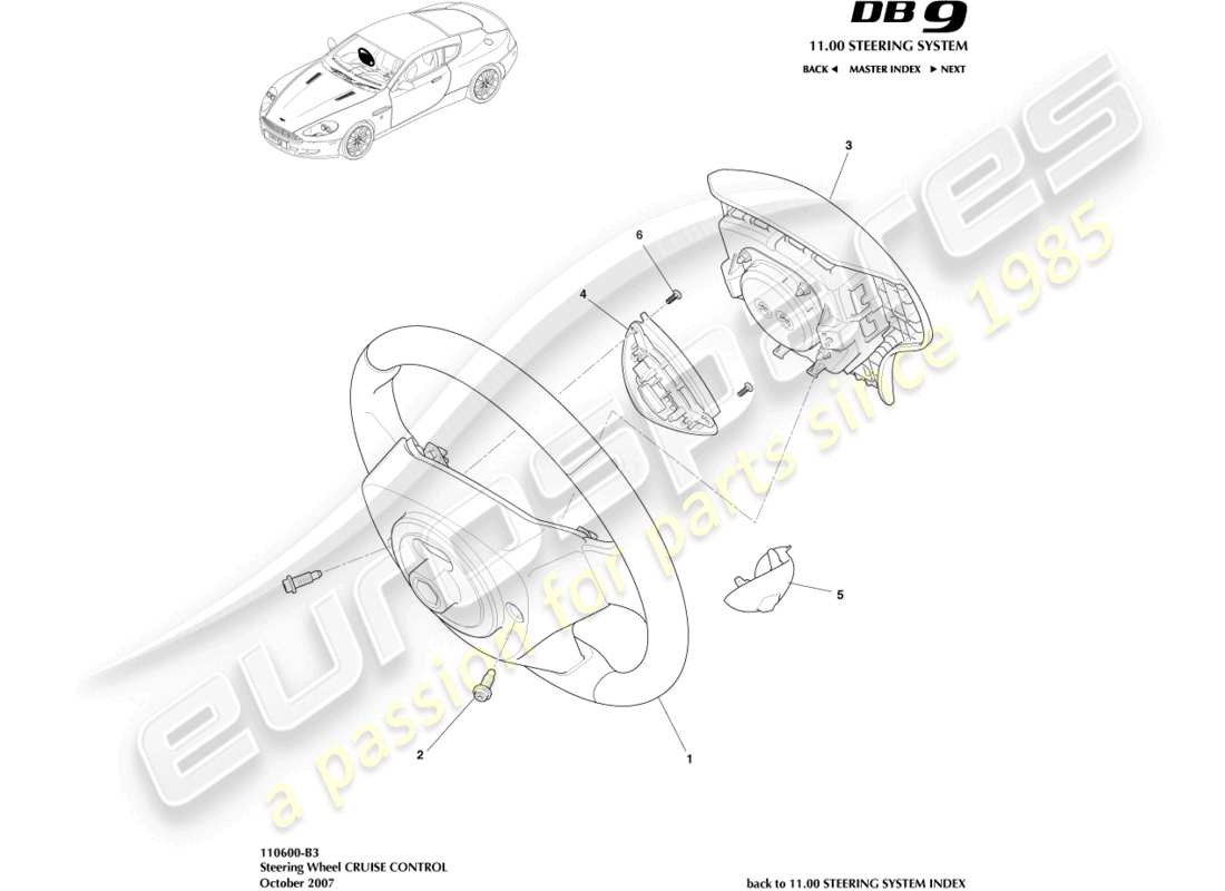 aston martin db9 (2008) volant, diagramme de pièce du régulateur de vitesse