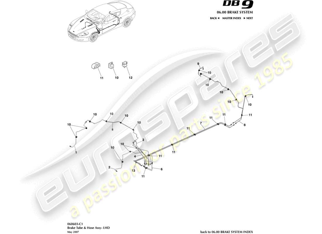 aston martin db9 (2008) conduites et flexibles de frein, diagramme de pièces lhd