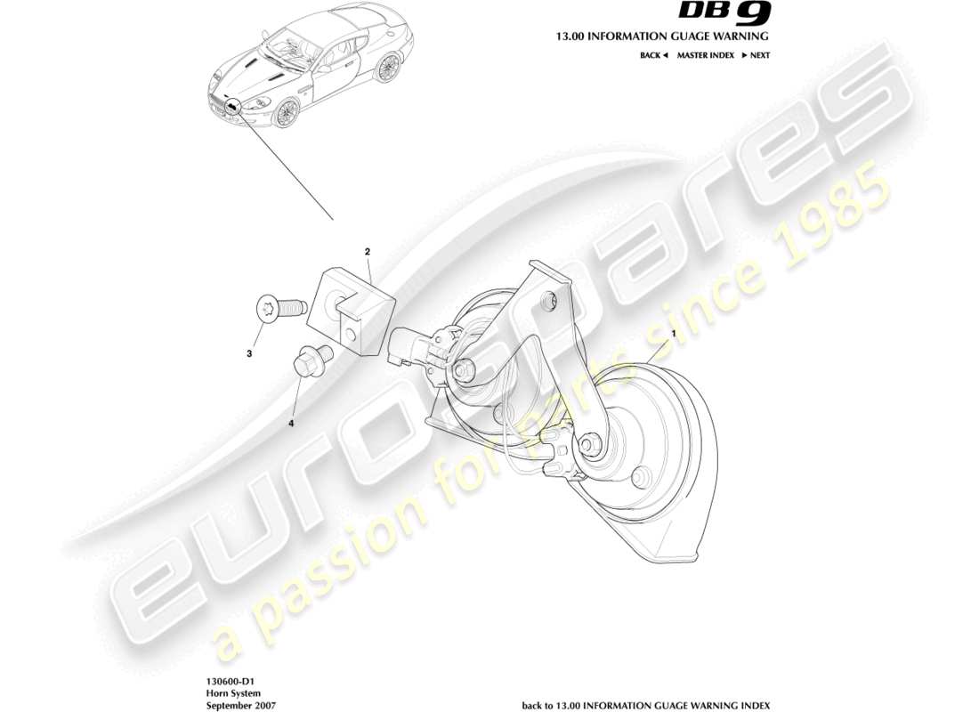 aston martin db9 (2008) diagramme des pièces du système de klaxon