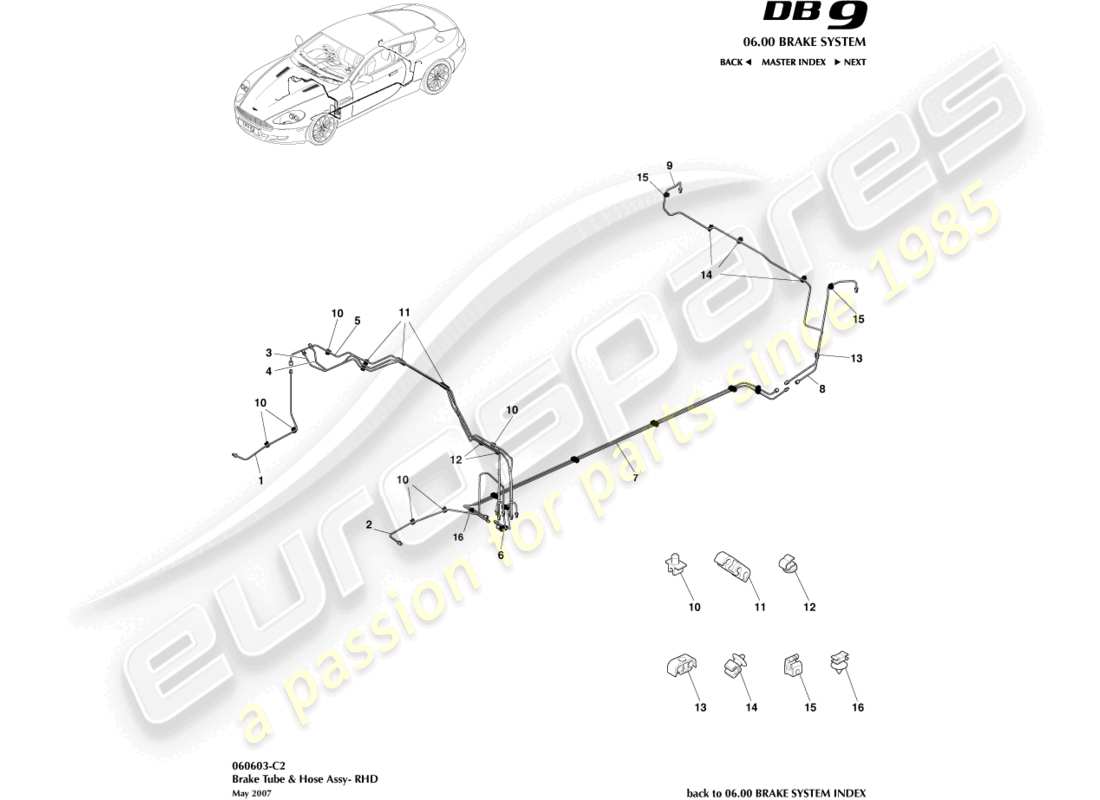 aston martin db9 (2008) conduites et flexibles de frein, diagramme de pièces rhd