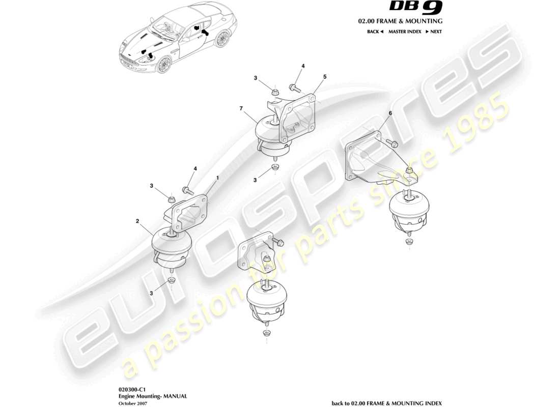 aston martin db9 (2007) supports de moteur, schéma des pièces manuel