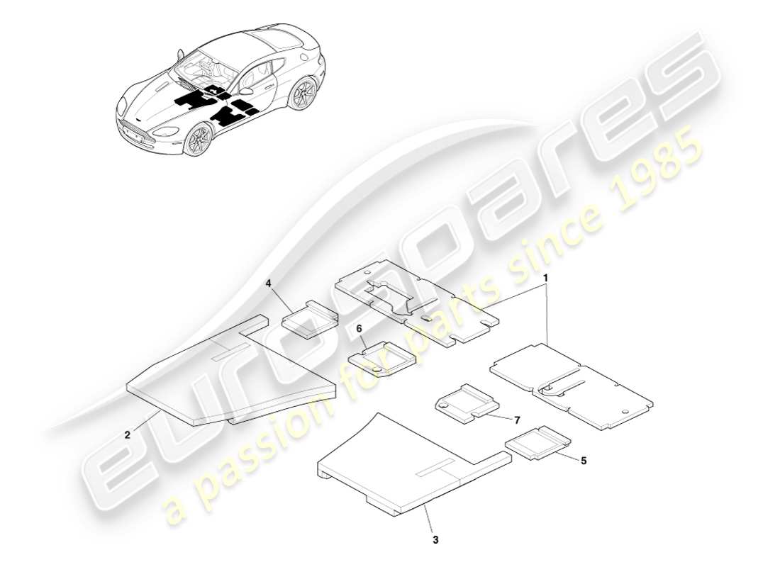 aston martin v8 vantage (2007) isolation phonique du sol, diagramme de pièces rhd