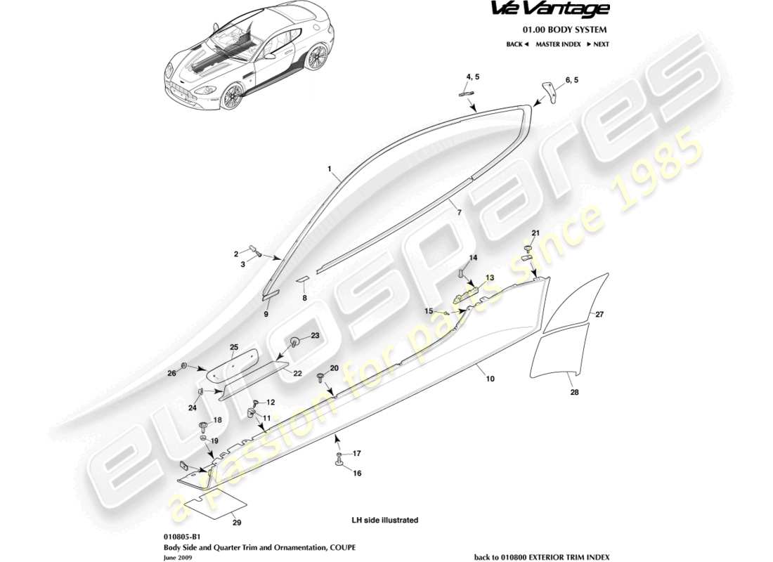 aston martin v12 vantage (2013) garniture latérale et de custode, diagramme des pièces du coupé