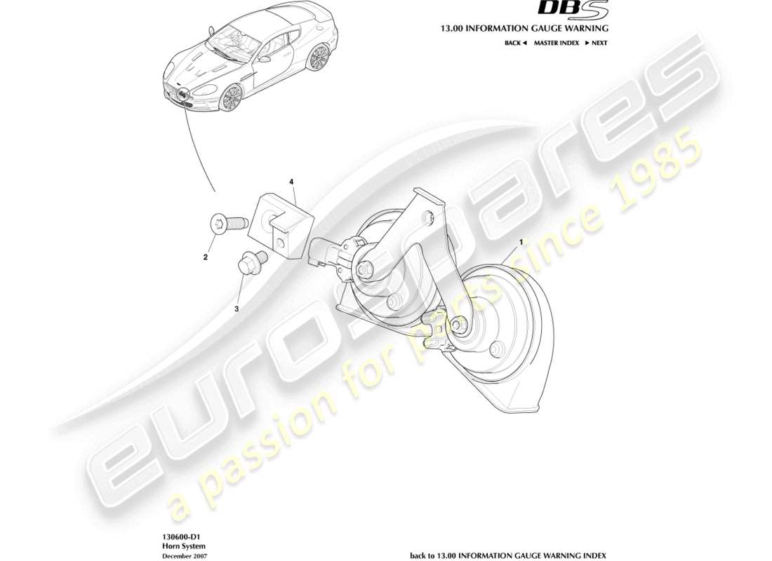 aston martin dbs (2010) diagramme des pièces du système de klaxon