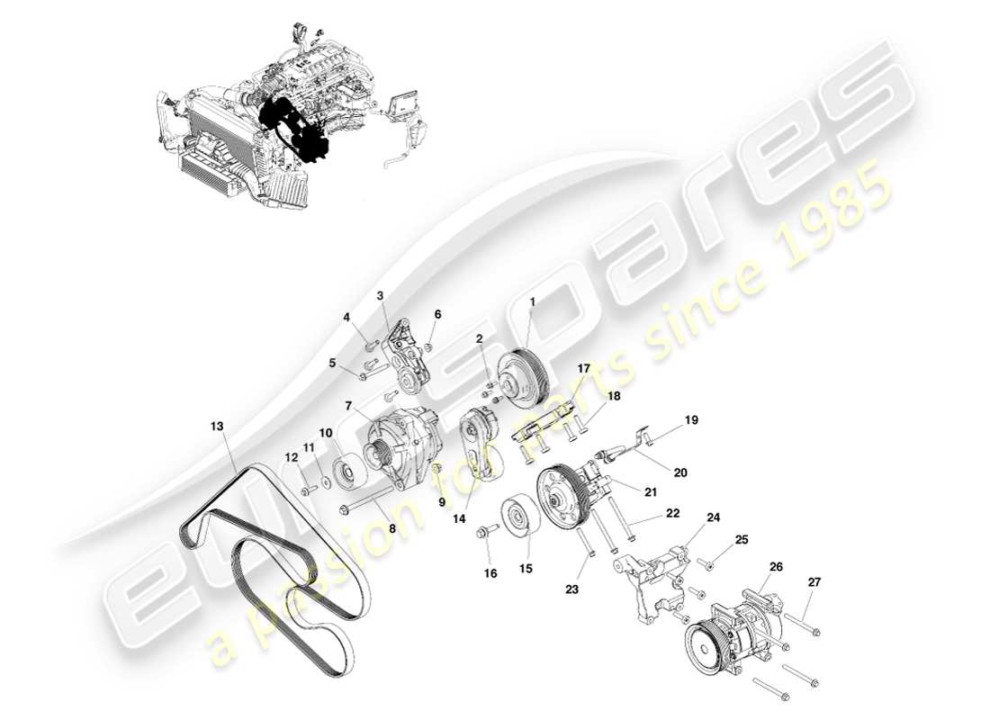 aston martin v8 vantage (2005) schéma des pièces d'entraînement des accessoires