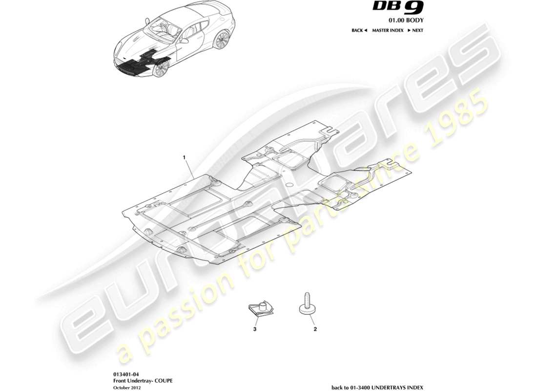 aston martin db9 (2017) sous-plateaux avant, diagramme de pièces du coupé