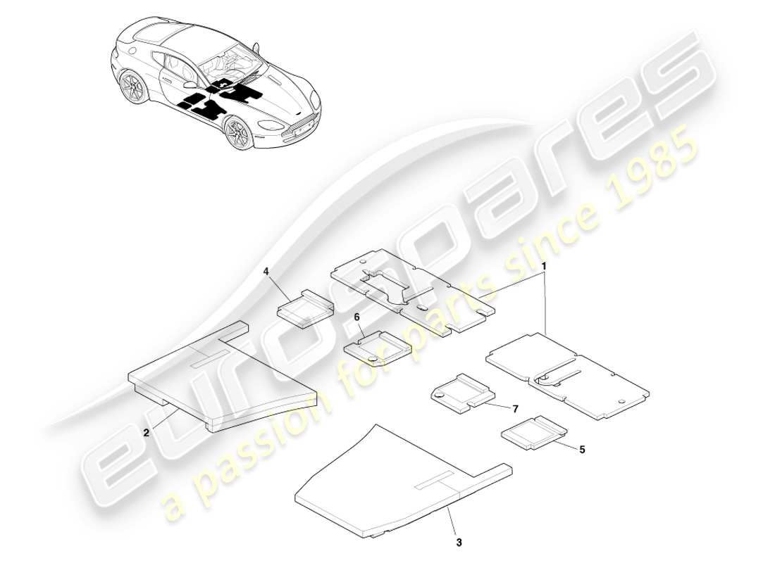 aston martin v8 vantage (2005) isolation phonique du sol, diagramme de pièces lhd