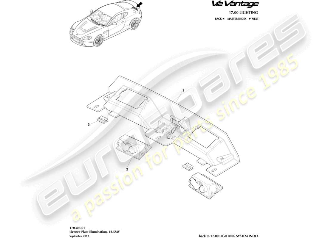aston martin v12 vantage (2010) lampes de plaque d'immatriculation, 12.5my schéma de pièces