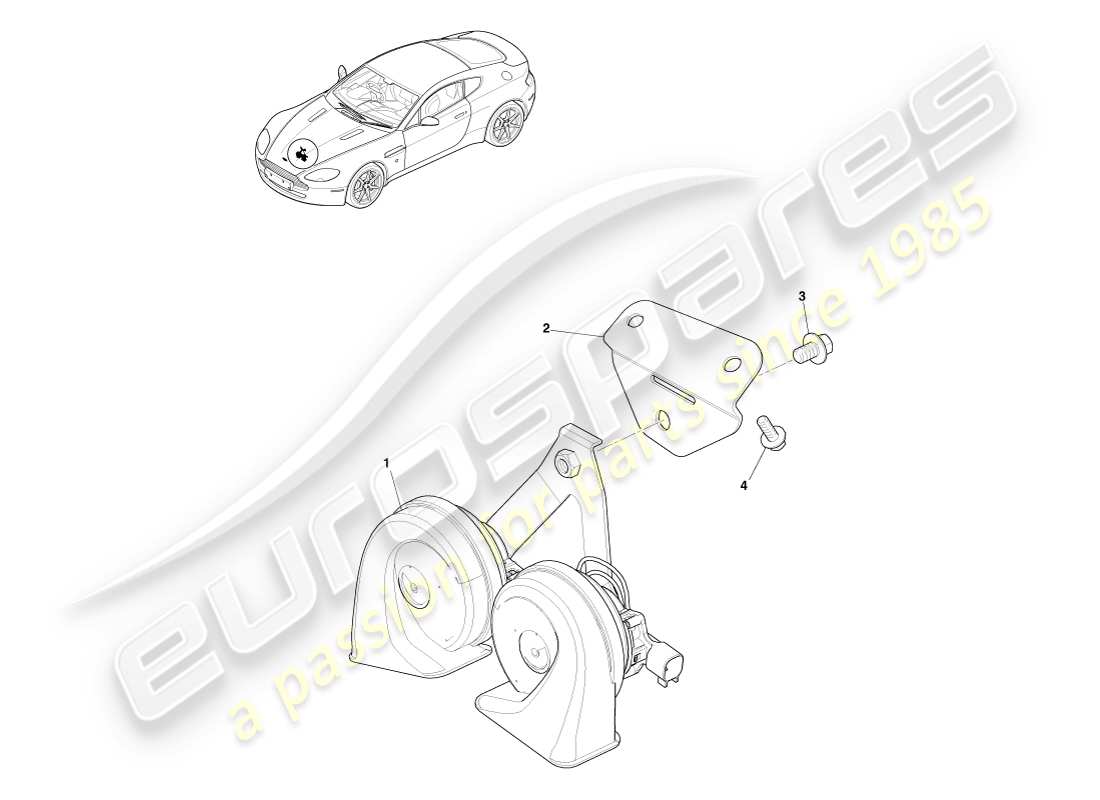 aston martin v8 vantage (2005) diagramme des pièces du système de klaxon