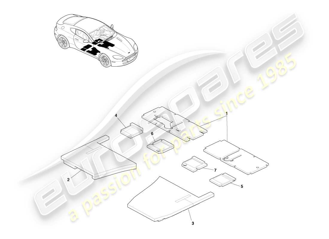 aston martin v8 vantage (2007) isolation phonique du sol, diagramme de pièces lhd