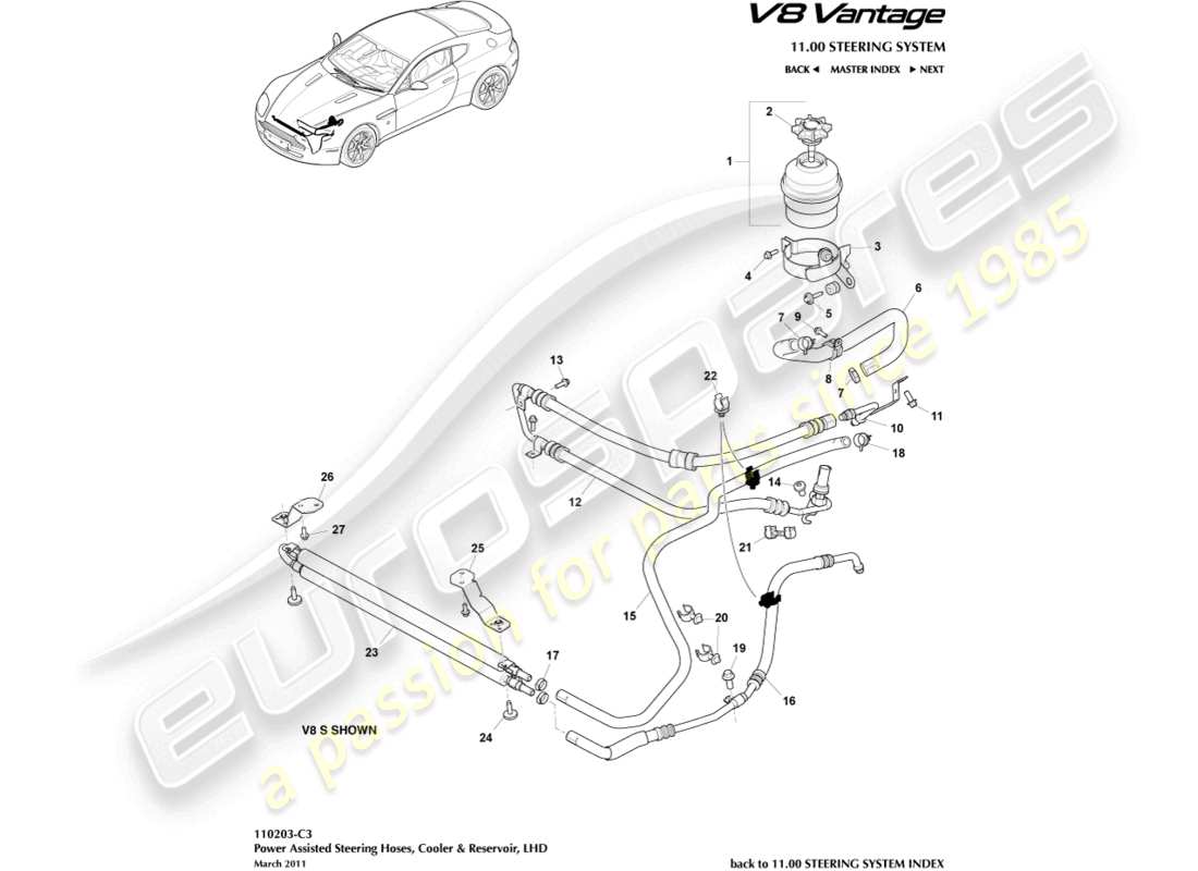aston martin v8 vantage (2010) refroidisseur, tuyaux et réservoir, diagramme de pièces lhd