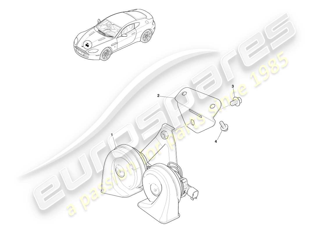 aston martin v8 vantage (2007) diagramme des pièces du système de klaxon
