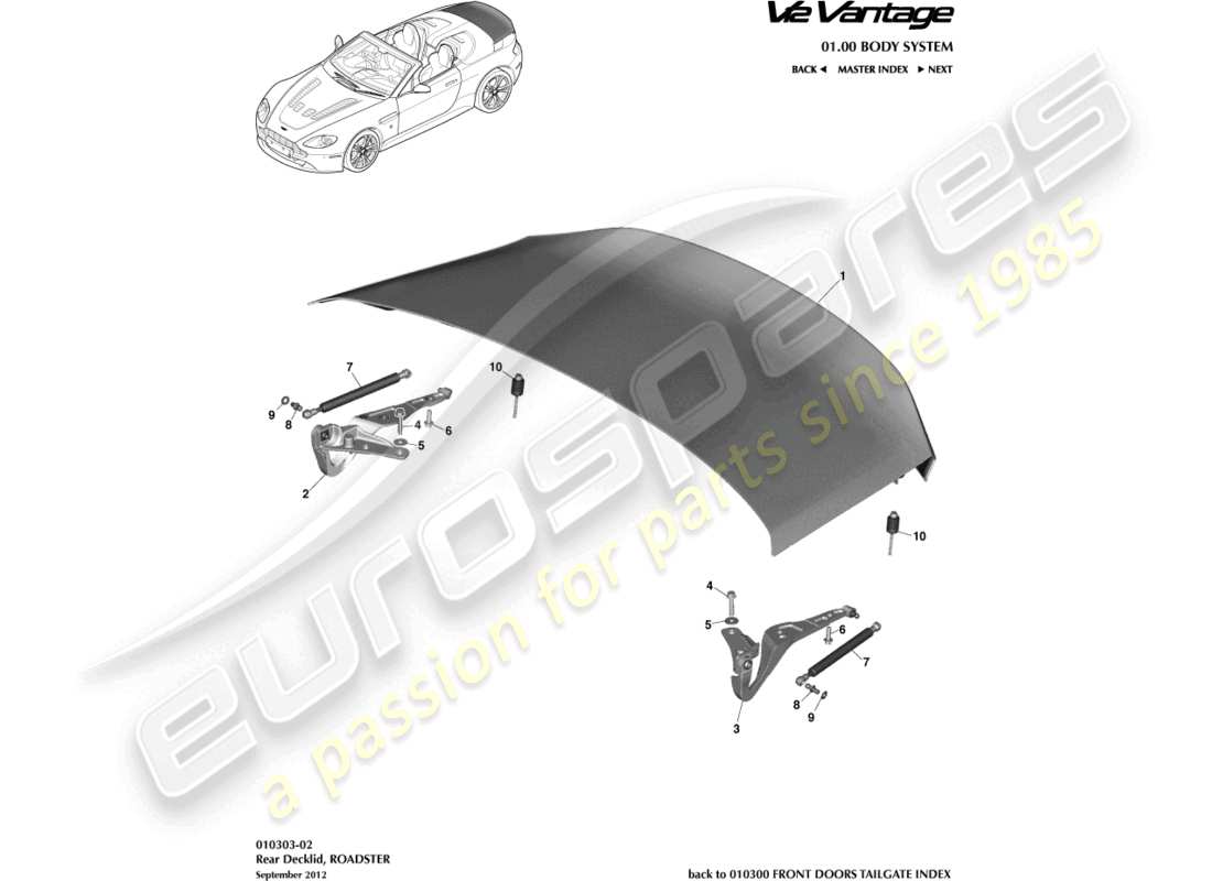 aston martin v12 vantage (2013) couvercle de pont, diagramme de pièce du roadster