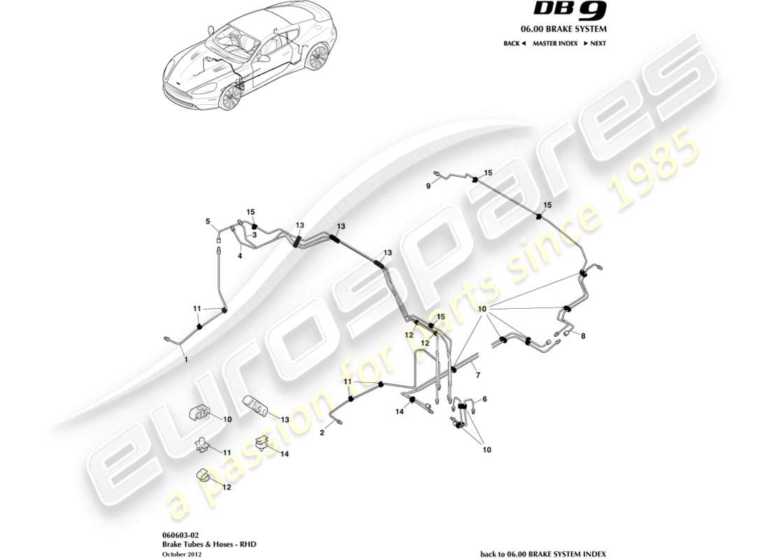 aston martin db9 (2013) conduites et flexibles de frein, diagramme de pièces rhd