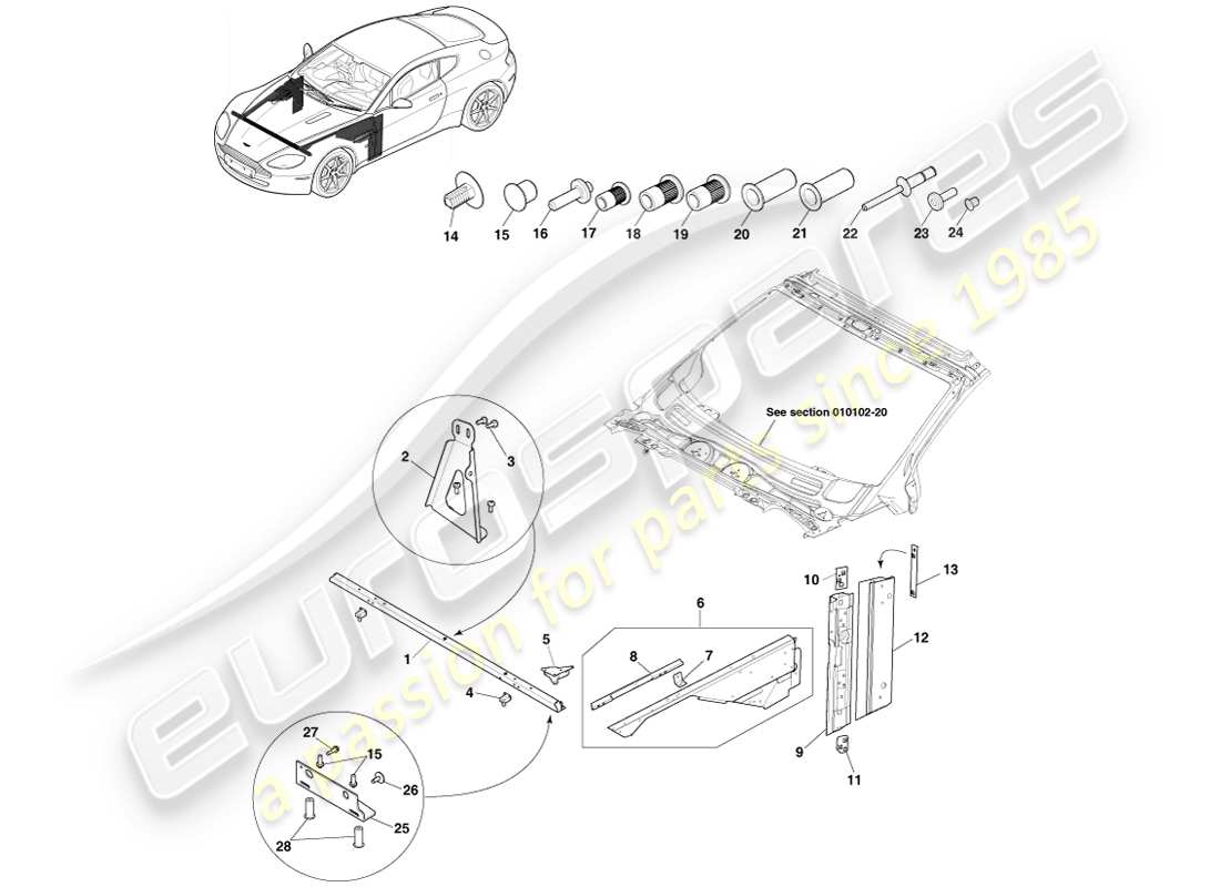 aston martin v8 vantage (2007) un diagramme de pièces de pilier et de garde-boue