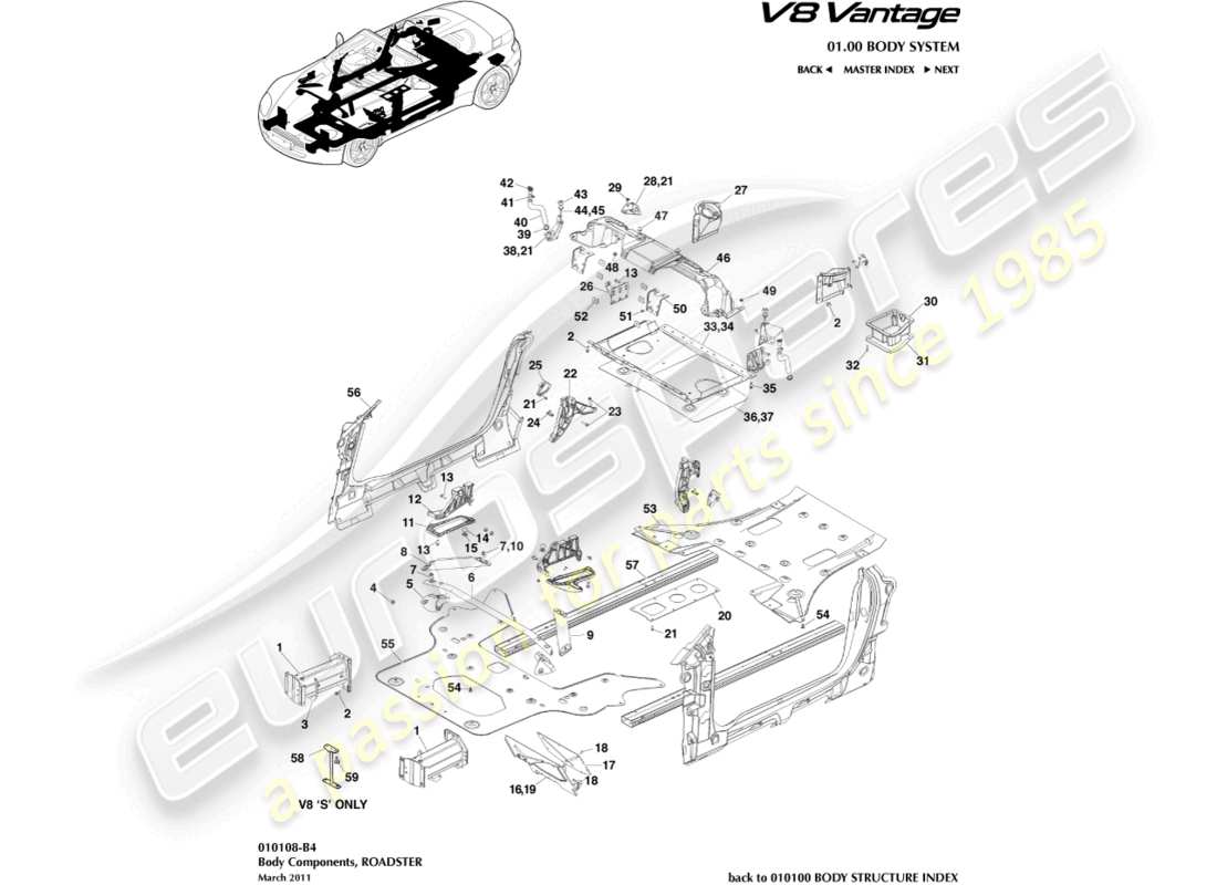aston martin v8 vantage (2008) composants de carrosserie, diagramme des pièces du roadster