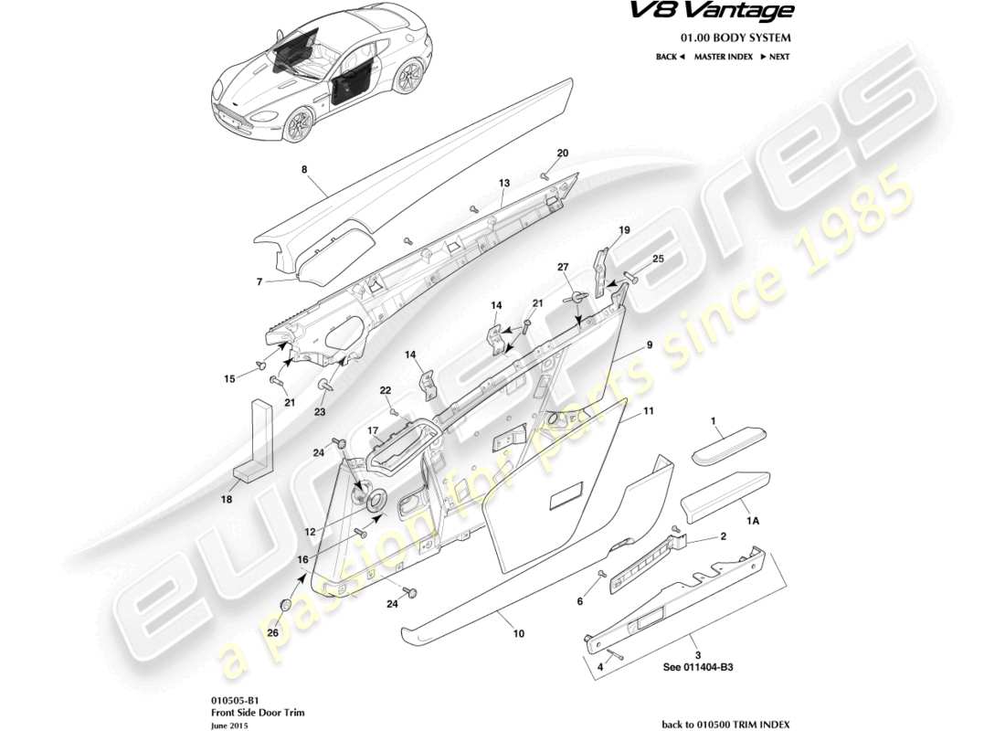 aston martin v8 vantage (2014) garniture de porte schéma des pièces