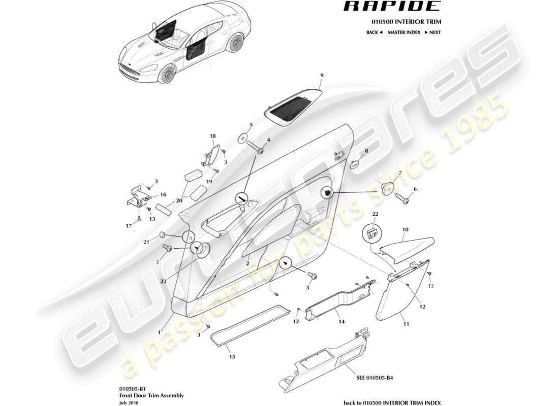 aston martin rapide (2012) schéma des pièces du panneau de garniture de porte avant
