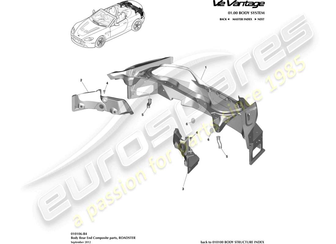 aston martin v12 vantage (2013) carrosserie arrière composite, diagramme des pièces du roadster
