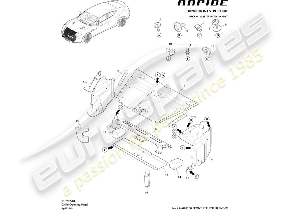 aston martin rapide (2011) diagramme des pièces du panneau d'ouverture de la grille