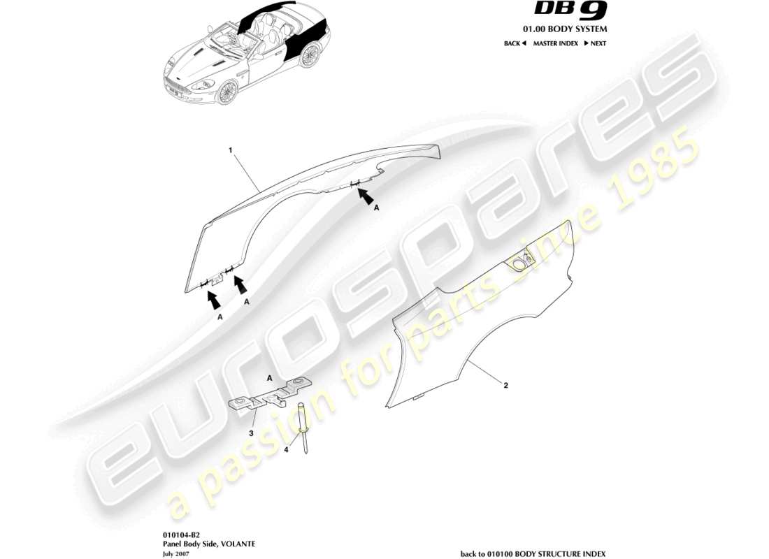 aston martin db9 (2008) côté corps du panneau, diagramme de pièce volante