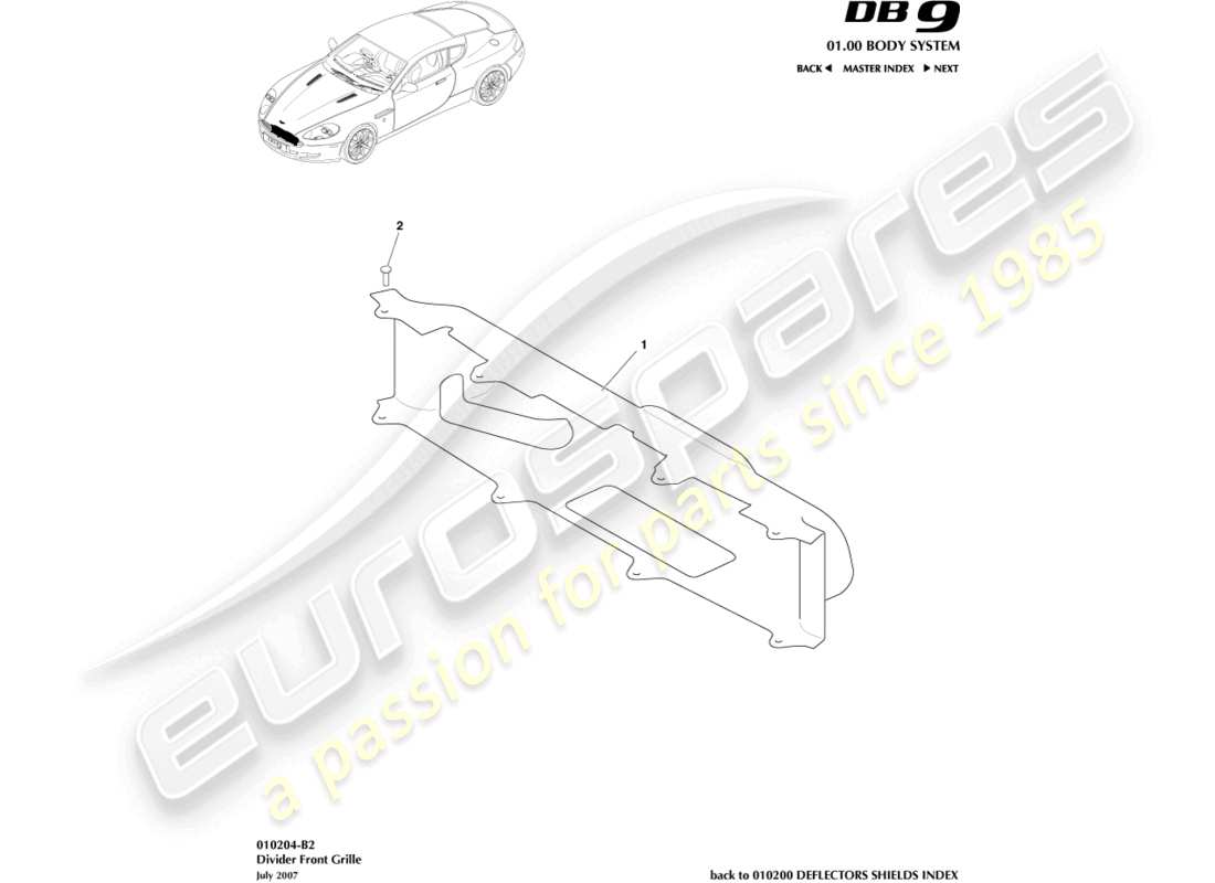 aston martin db9 (2011) séparateur, diagramme de pièce de la calandre avant