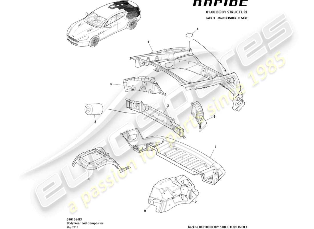 aston martin rapide (2012) composites de l'arrière de la carrosserie schéma des pièces