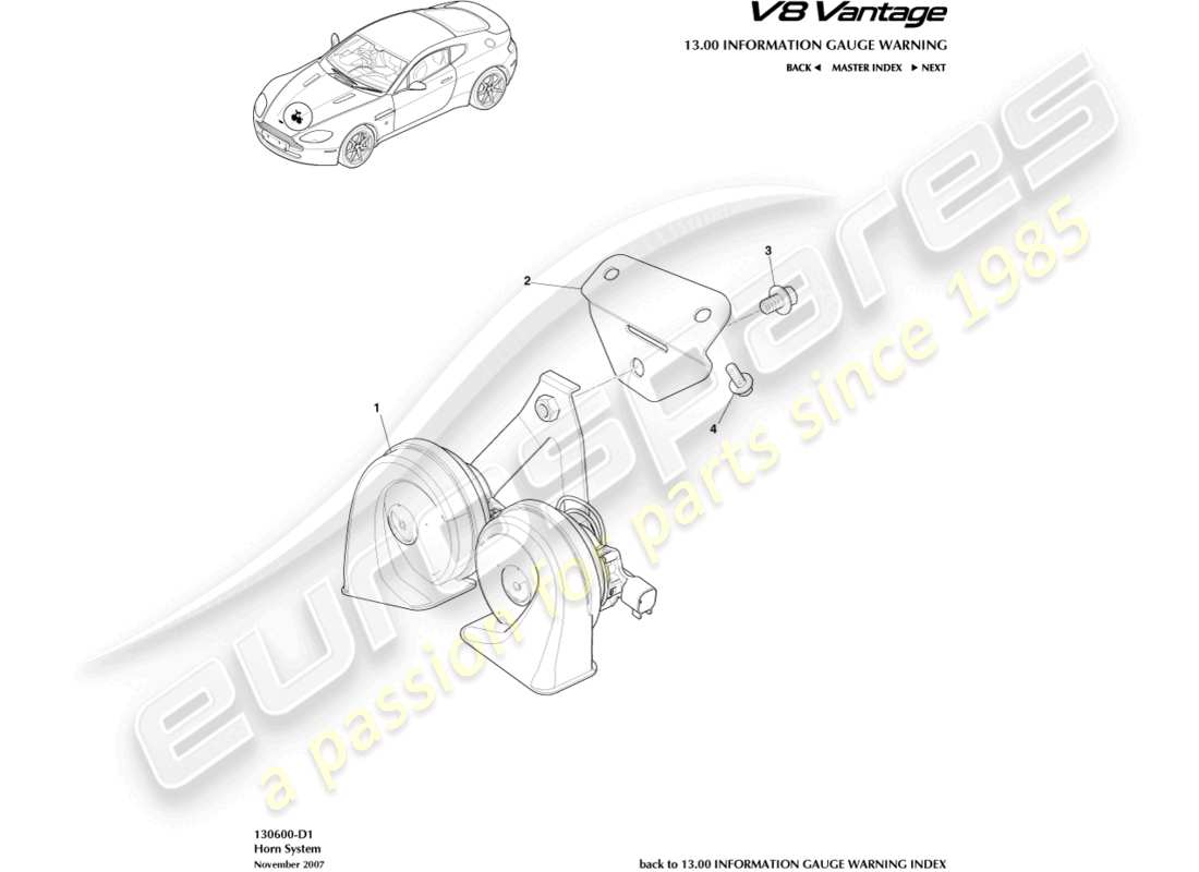 aston martin v8 vantage (2014) diagramme des pièces du système de klaxon