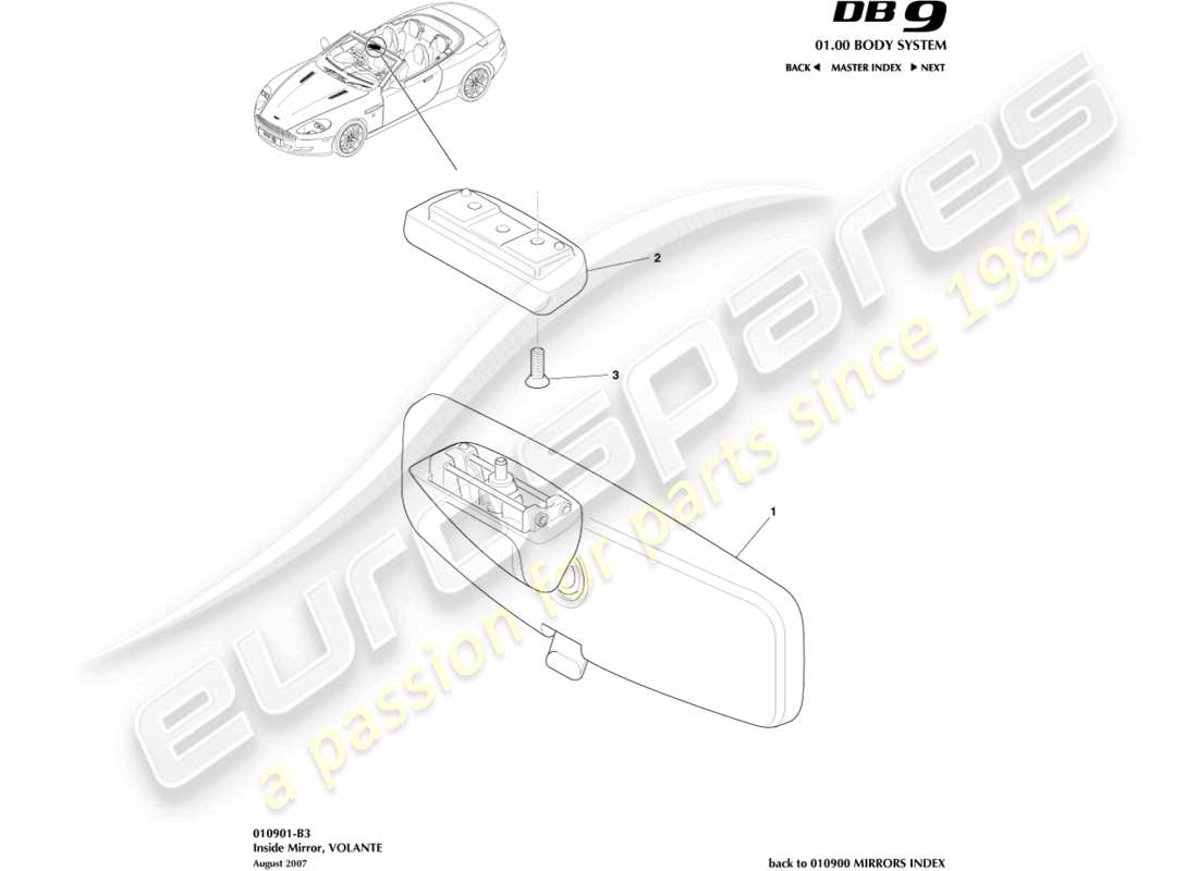 aston martin db9 (2011) rétroviseur intérieur, diagramme de pièce volante