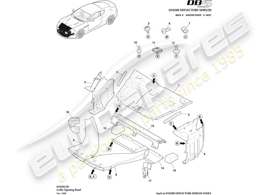 aston martin dbs (2010) diagramme des pièces du panneau d'ouverture de la grille