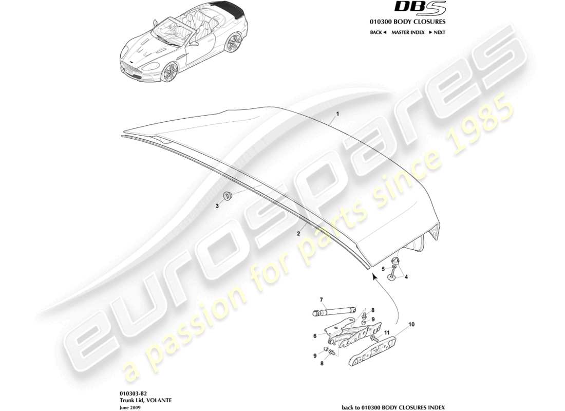 aston martin dbs (2010) couvercle de coffre, diagramme de pièce volante