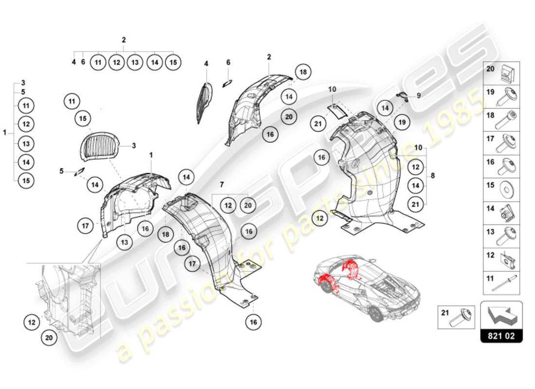 lamborghini revuelto coupe (2024) garniture de logement de roue avant schéma des pièces