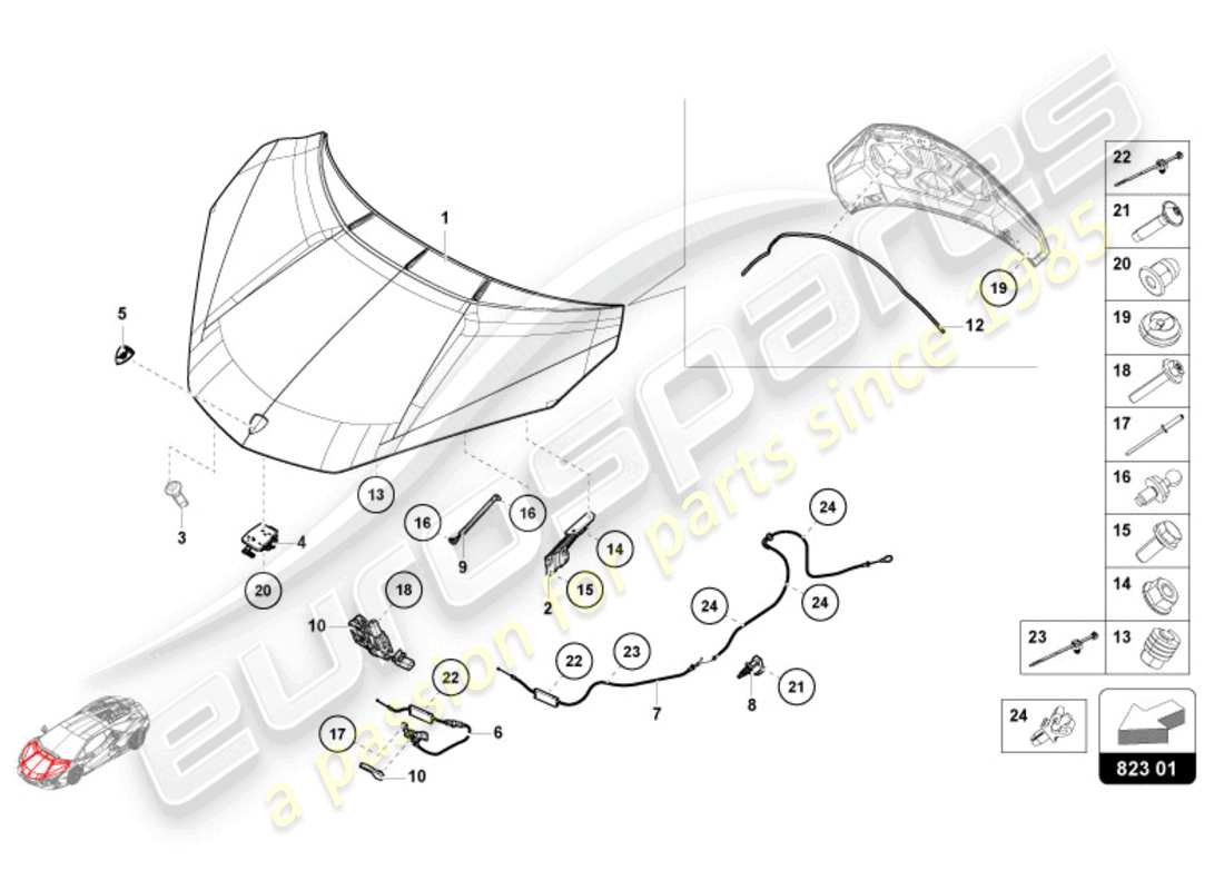 lamborghini revuelto coupe (2024) bonnet schéma des pièces