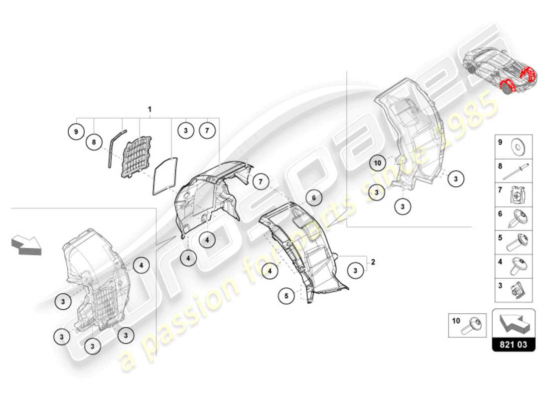 lamborghini revuelto coupe (2024) garniture de logement de roue arrière schéma des pièces