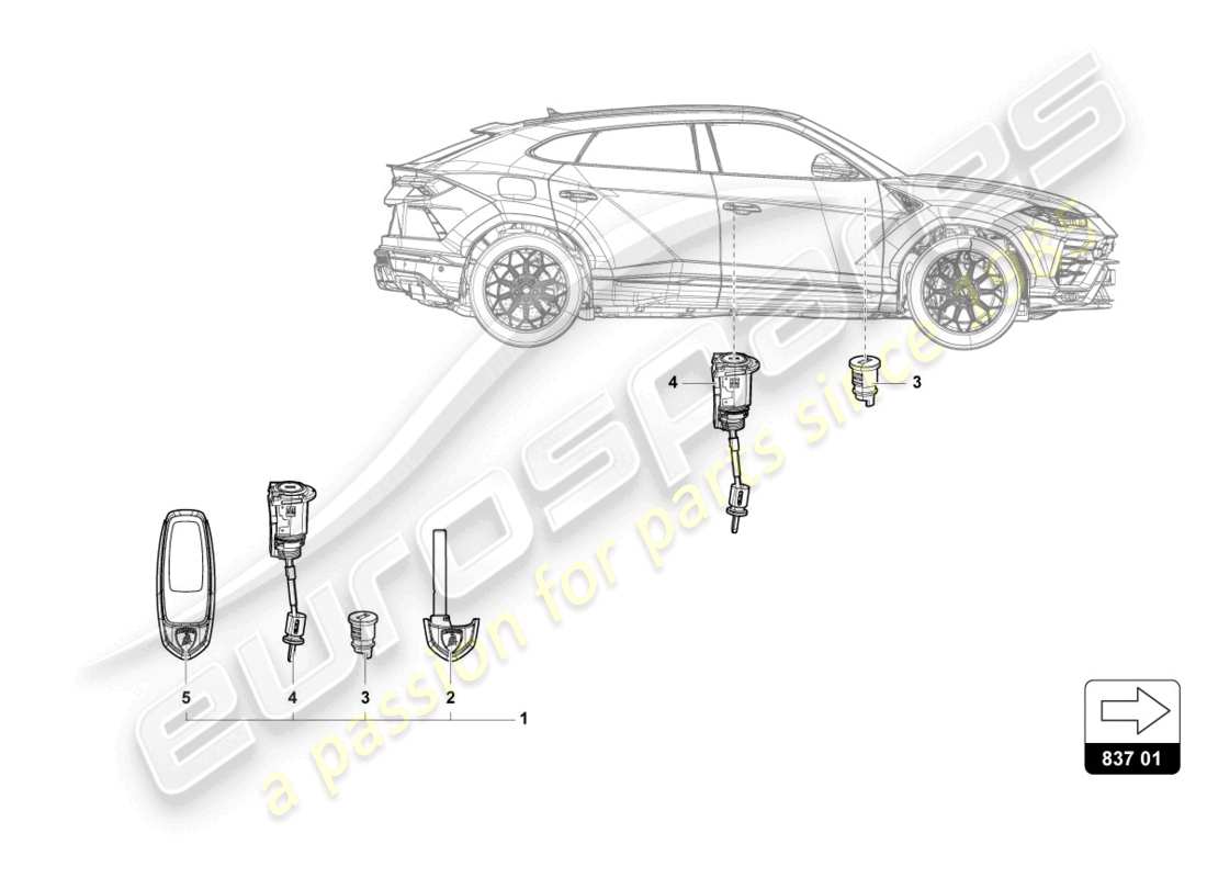 lamborghini urus (2020) cle principale avec transpondeur (embout pliable) schéma des pièces