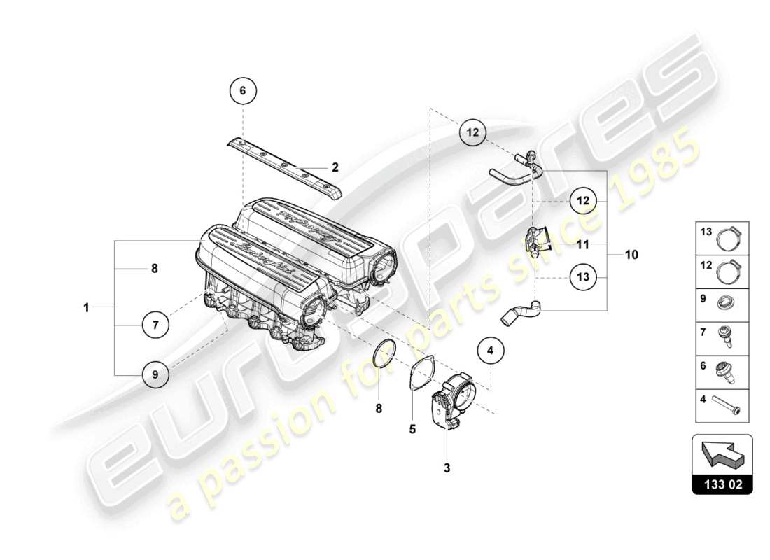 lamborghini evo spyder 2wd (2021) collecteur d'admission schéma des pièces