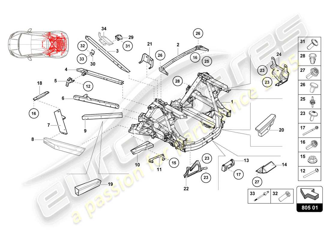 lamborghini evo coupe 2wd (2023) châssis arrière, intérieur schéma des pièces