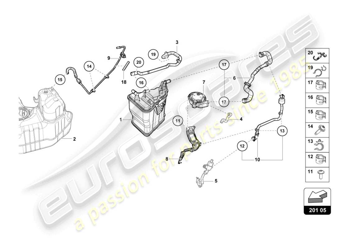 lamborghini evo coupe 2wd (2023) récipient de charbon actif schéma des pièces