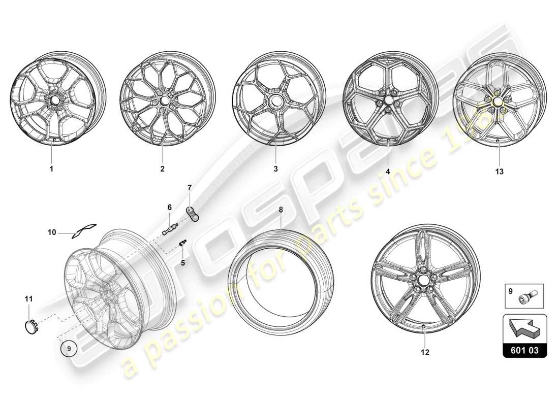 lamborghini evo coupe 2wd (2021) roues/pneus avant schéma des pièces