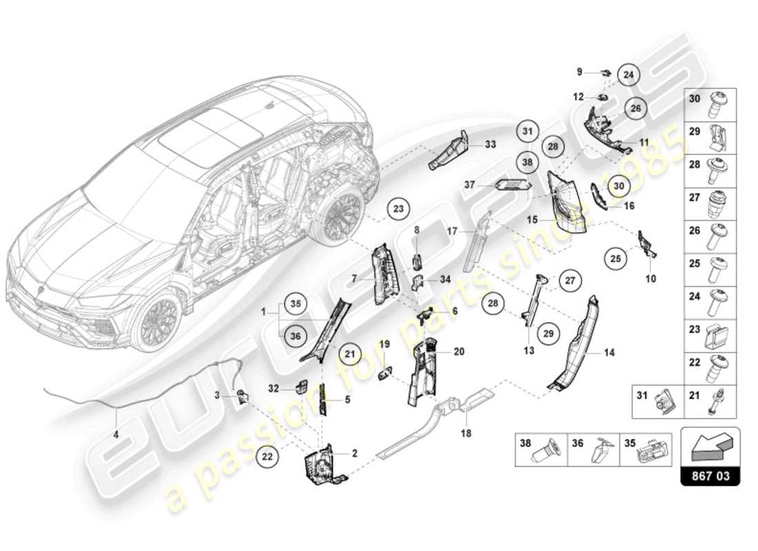 lamborghini urus (2021) garniture de pilier schéma des pièces