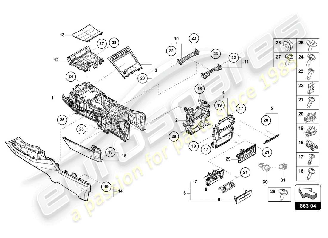 lamborghini urus (2022) console centrale inférieure schéma des pièces