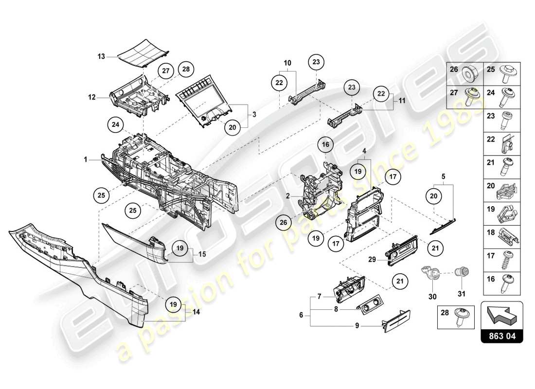 lamborghini urus (2021) console centrale inférieure schéma des pièces