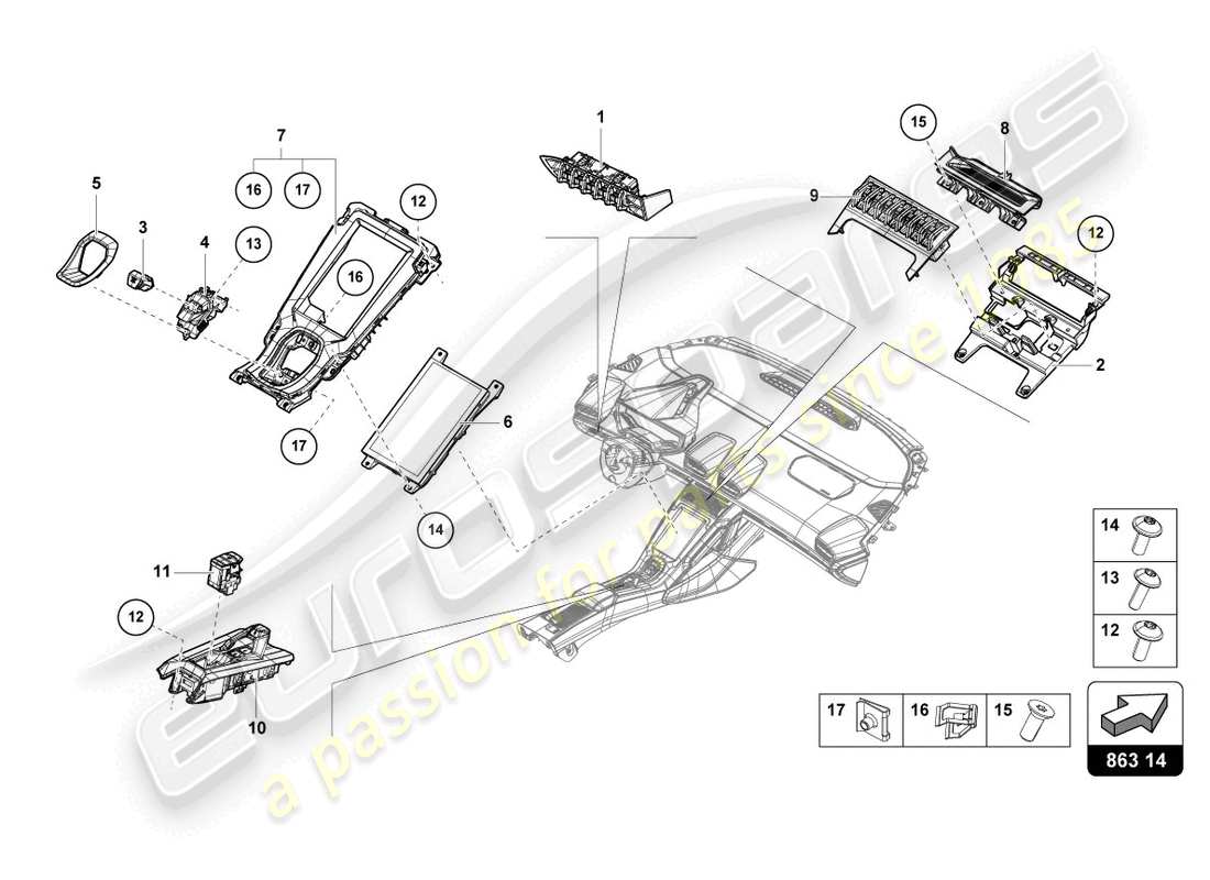 lamborghini tecnica (2024) console centrale, partie supérieure schéma des pièces