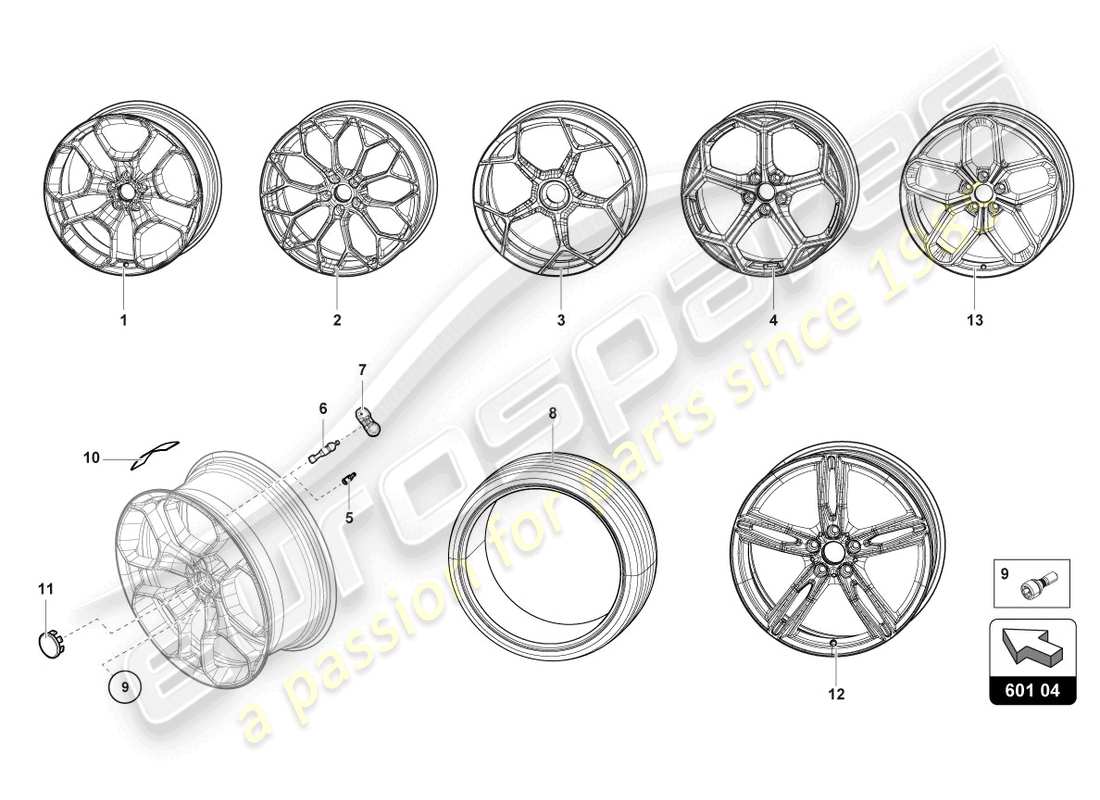 lamborghini evo coupe 2wd (2022) roues/pneus arrière schéma des pièces