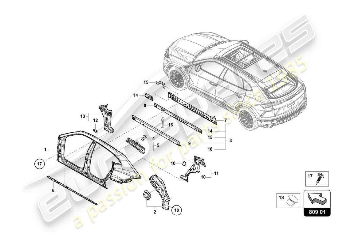 lamborghini urus performante (2024) corps gauche schéma des pièces