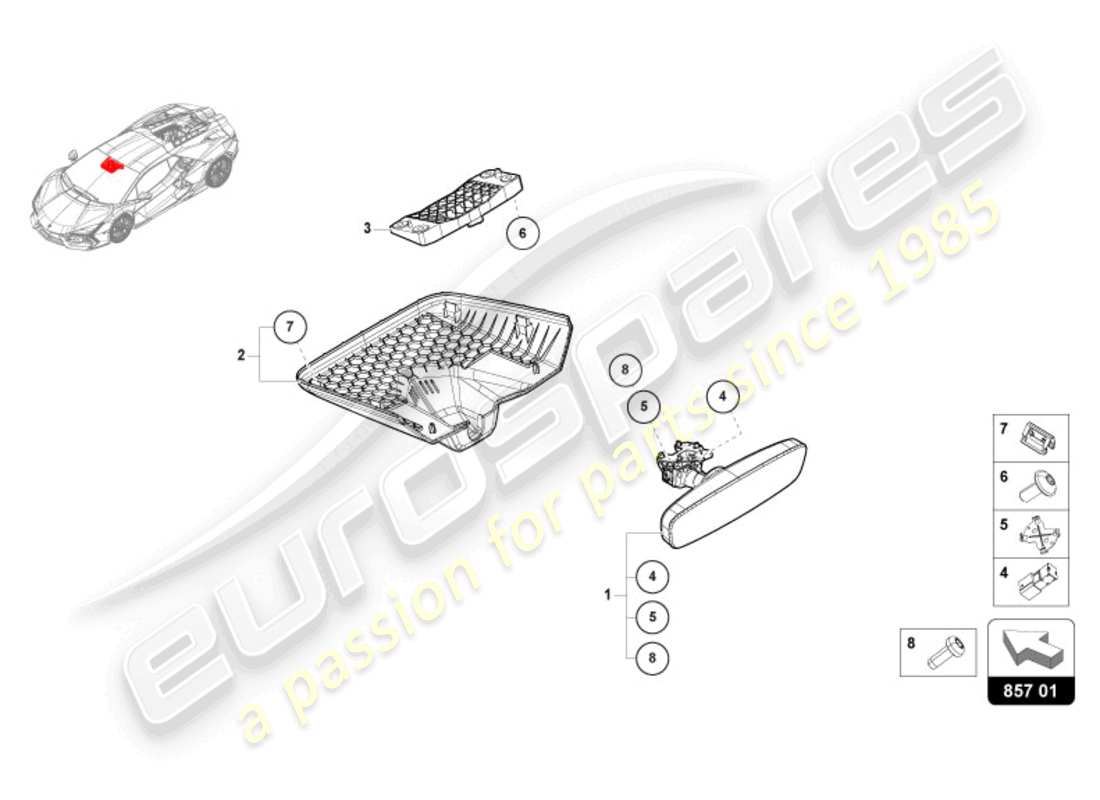 lamborghini revuelto coupe (2024) miroir intérieur schéma des pièces