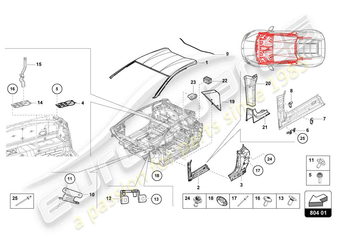 lamborghini evo coupe 2wd (2023) toit schéma des pièces