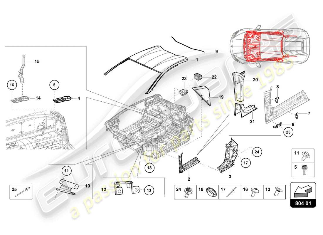 lamborghini evo coupe 2wd (2023) schéma des pièces du toit