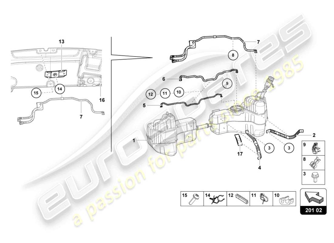 lamborghini evo coupe 2wd (2021) pour réservoir de carburant et conduite de carburant attaches de conduite de carburant schéma des pièces